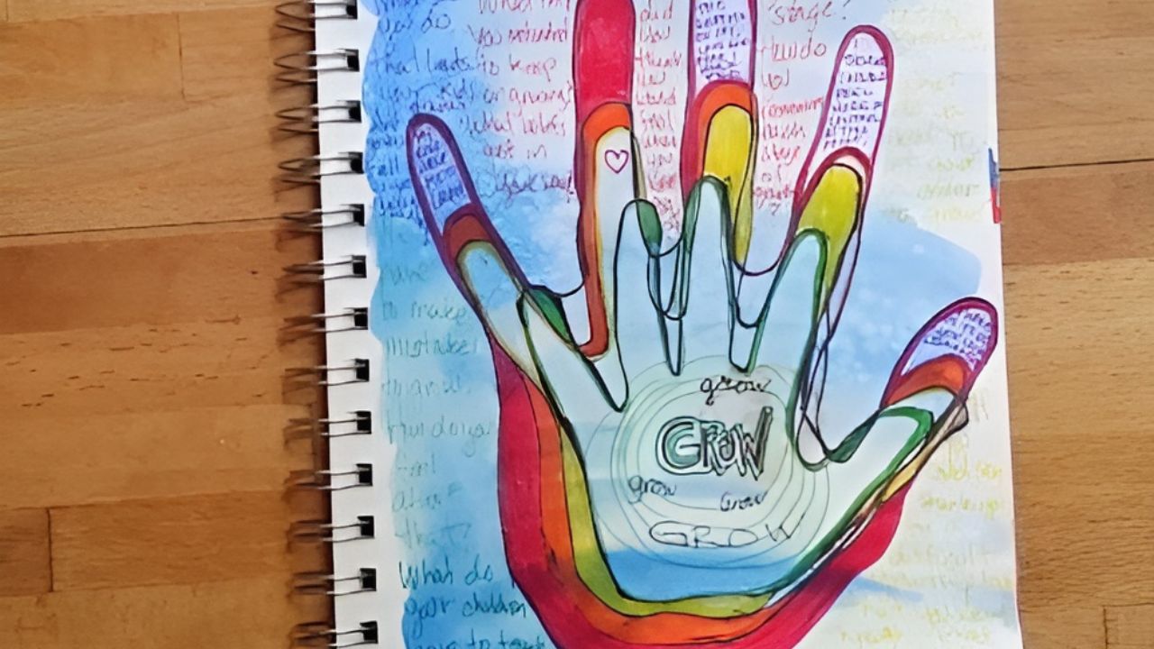 Art Journal page with colorful tracing of hands in different sizes.