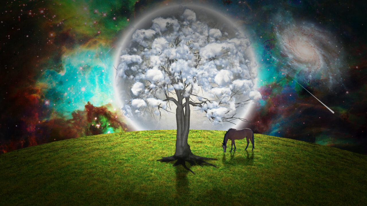 Surreal nature scene Tree with clouds and a horse with the universe in the background.